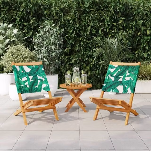 Berkfield Home Set of 2 Acacia Wood and Fabric Garden Chairs with Green Leaf Pattern