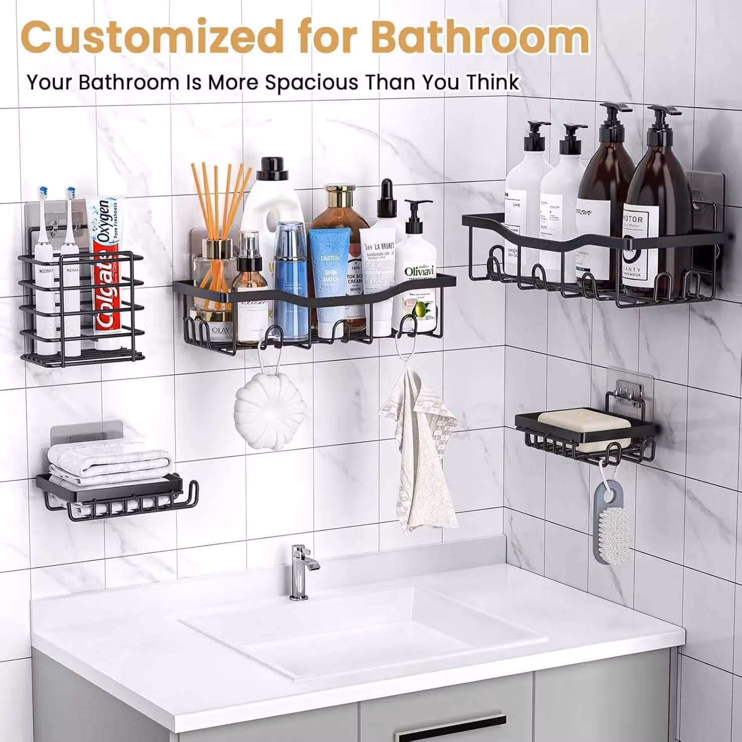Dragodirect 5 Pack Stainless Steel Shower Caddy Set in Black, Rustproof Wall-Mountable Bathroom Storage Organiser with Adhesive Stickers – 4