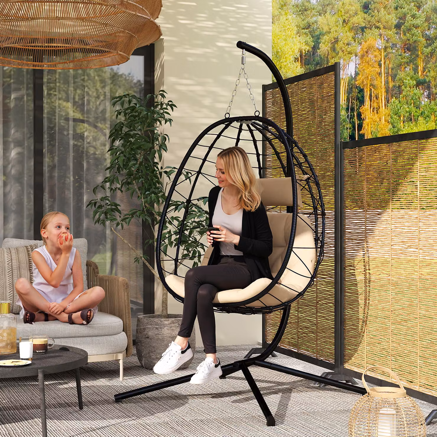 Outsunny Hanging Egg Chair Garden Swing with Stand and Cushions, Beige – 2
