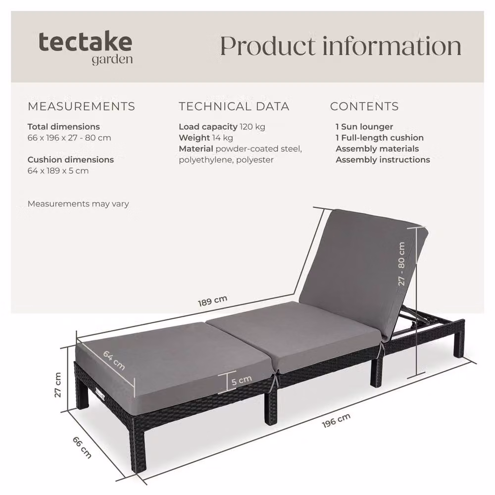 tectake Sofia Rattan Sun Lounger in Black and Grey with Weatherproof Cushions and Adjustable Headrest – 6