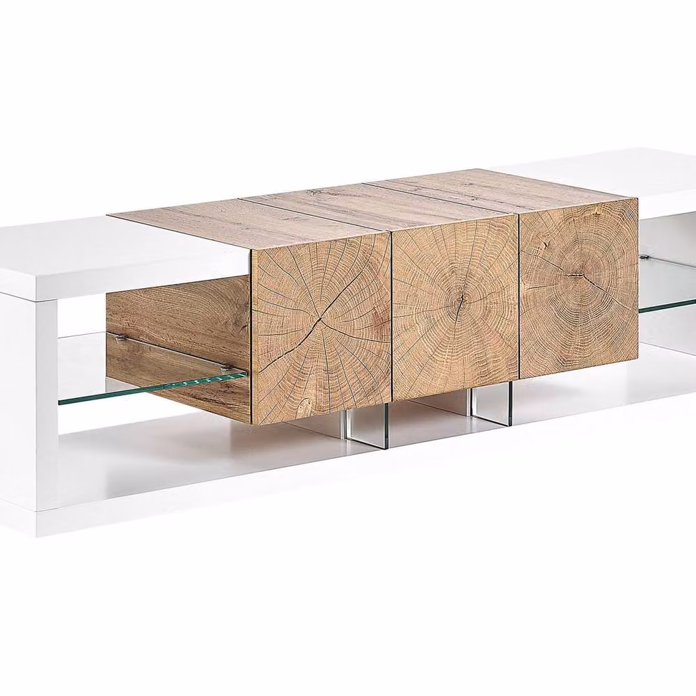Wyld and Coco Home Modern TV Stand in White and Light Wood MDF with Tempered Glass, Width: 160 cm – 2