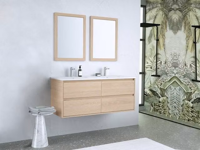 Vente-unique Scandinavian Suspended Bathroom Furniture Set with Built-In Sink and Mirrors in Light Oak Veneer, W/D/H: 120 x 45 x 50 cm