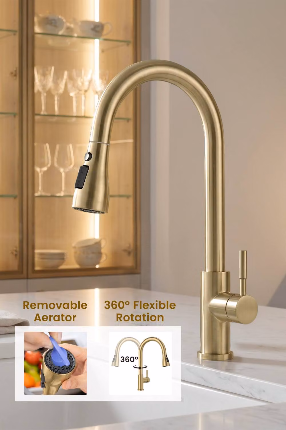 JANLEMNY Brushed Gold Kitchen Mixer Tap with Pull-Out Spray and Swivel Spout – 4