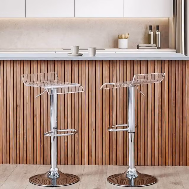 Wyld and Coco Set of 2 Clear Acrylic Bar Stools with Silver Swivel Gas Lift Adjustable Height – 1