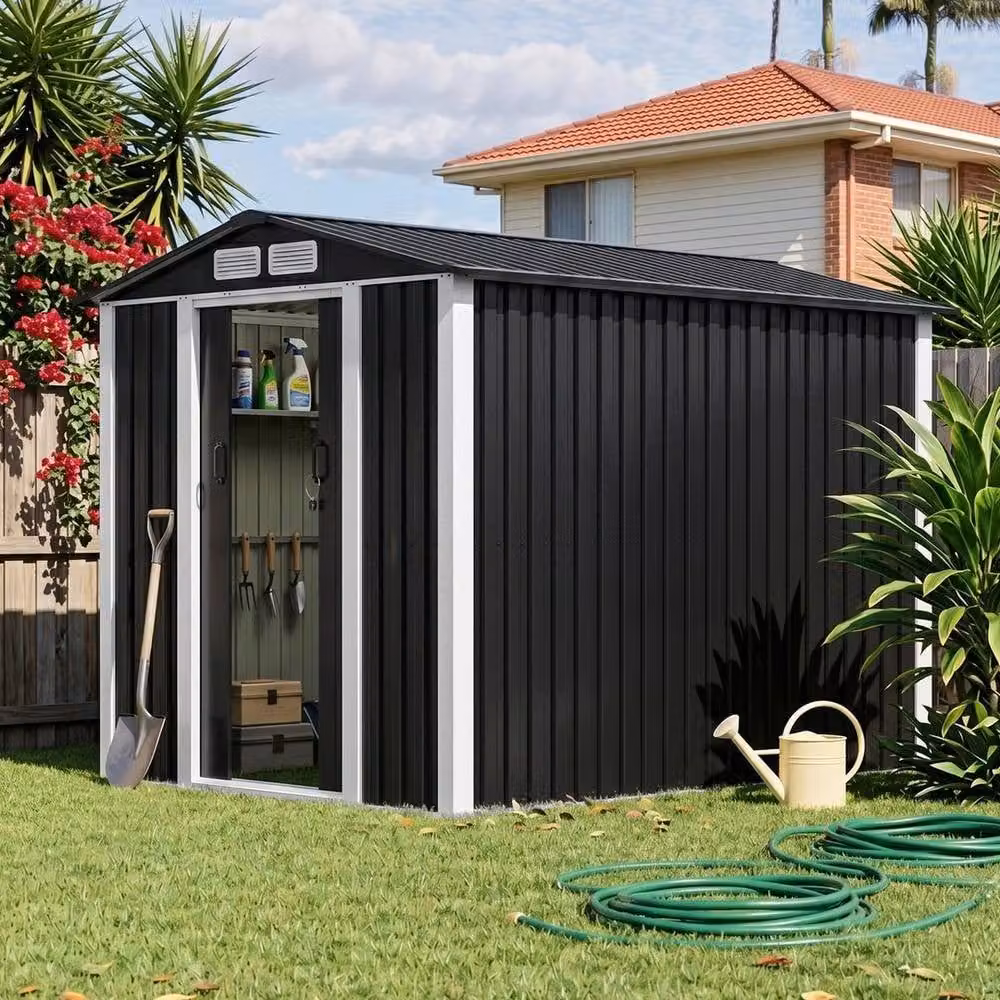 PAWNORA Black Galvanised Steel Metal Garden Storage Shed with Double Doors and Gable Roof – 5