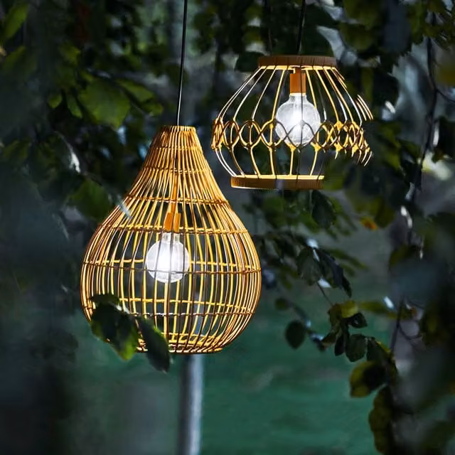 Teamson Home Solar Powered Woven Rattan Hanging Garden Lantern in Brown and Beige with LED Bulb, Remote Control, Dimmer and Timer – 1
