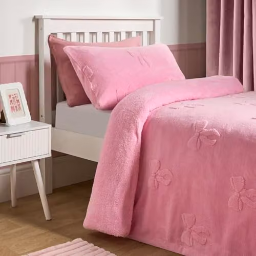 OHS Pink Teddy Fleece Single Duvet Cover and Pillowcase Set with Bows Tufted Design, W/D/H: 135 x 200 cm and 50 x 75 cm – 2