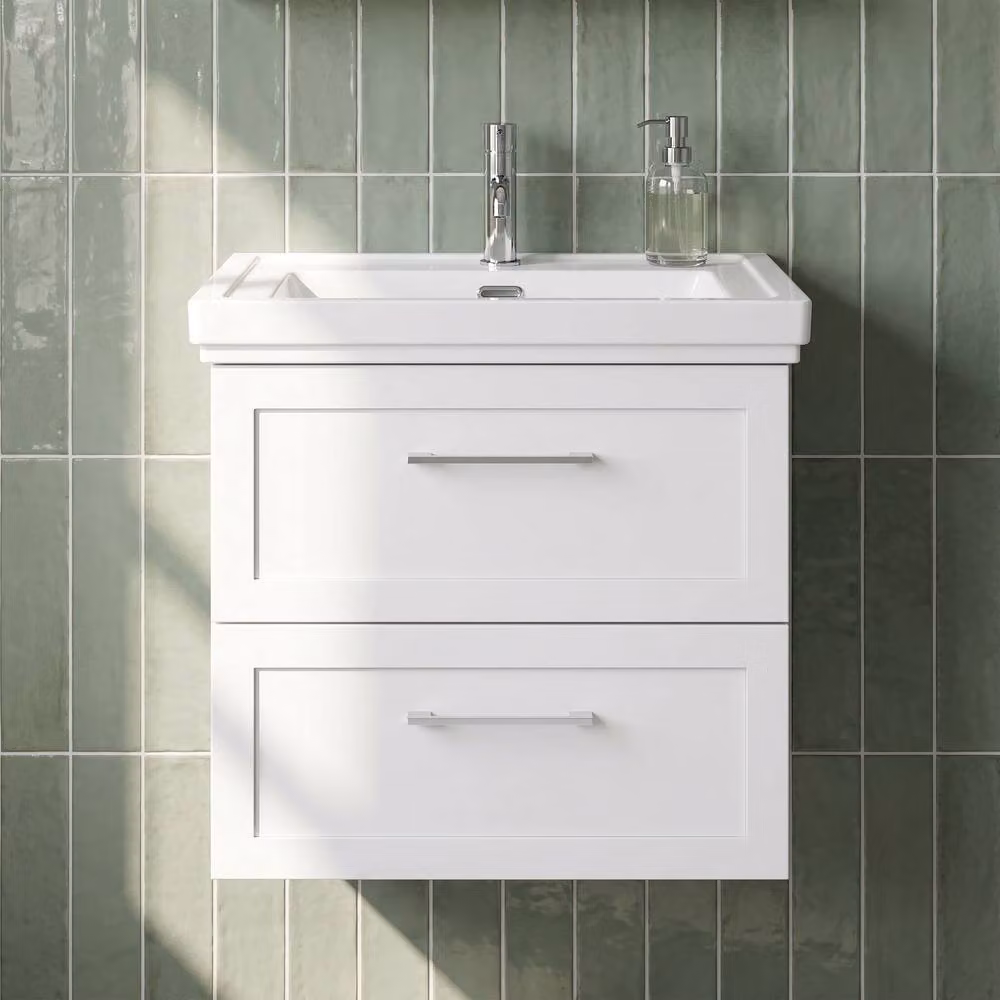 Balterley Stonnall Wall Mounted 2 Drawer Vanity Unit and 1TH Fireclay Basin, Matt White, Width: 60 cm – 3