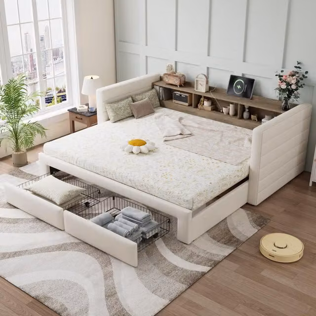 Aosom UK Upholstered Daybed with Pull-Out Trundle and USB Charging Port, Beige, W/D/H: 200 x 140 x 100 cm