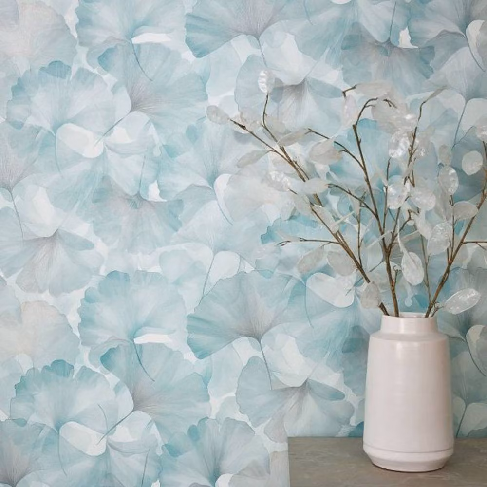 Erismann Ginko Dream Botanical Floral Vinyl Wallpaper in Teal and Blue