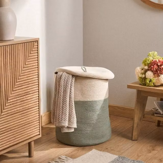 Wyld and Coco Round Cotton Storage Basket with Lid, Beige and Green, W/D/H: 44 x 44 x 52 cm – 1