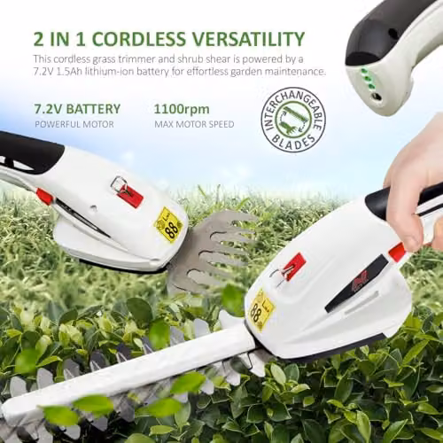 Netta 2-in-1 Cordless Hedge Trimmer and Grass Shear in White with 7.2V 1500mAh Rechargeable Lithium-Ion Battery and 2 Interchangeable Blades – 2