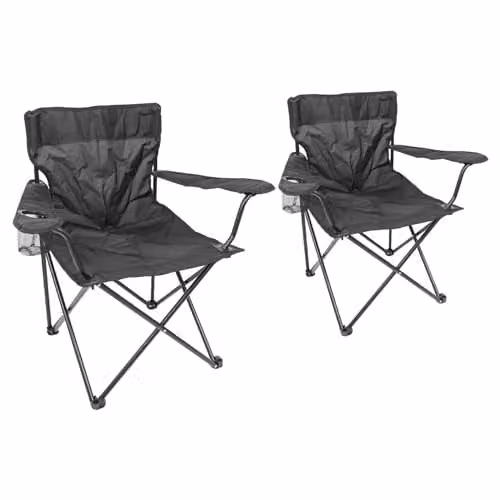 Harbour Housewares Folding Canvas Camping Chairs with Armrests in Matt Black - Pack of 2 – 1