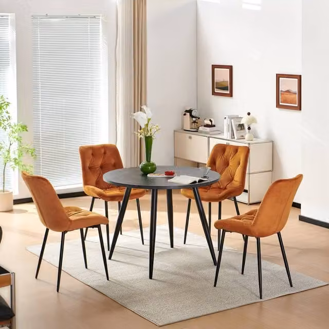 SONARA Black Marble Round Dining Table with 4 Orange Velvet Chairs Set