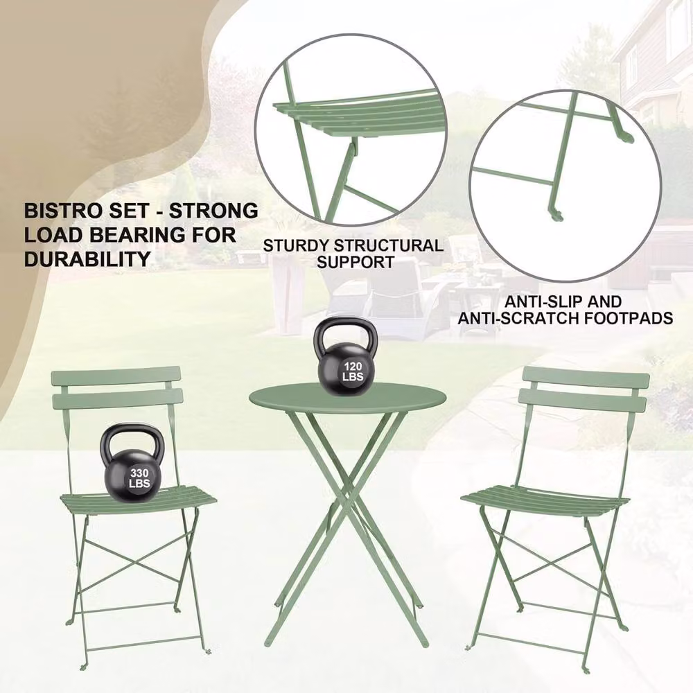 London Boutique 3-Piece Foldable Bistro Set Green Metal Garden Furniture Set with Table and 2 Chairs – 4