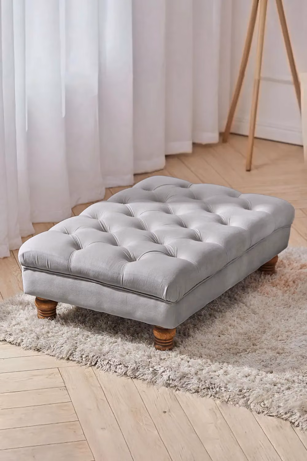 Livingandhome Grey Buttoned Velvet Rectangular Ottoman Footstool with Gourd-shaped Legs – 2