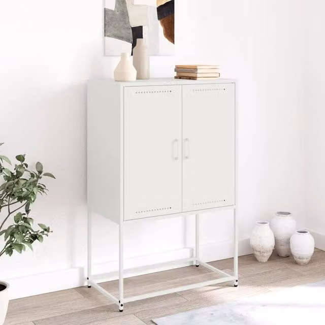 Berkfield Home White Steel Highboard with Hinged Doors and Internal Shelves W/D/H: 68.5 x 38.5 x 107 cm