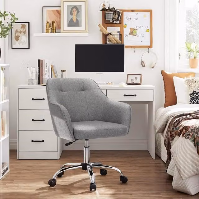 SONGMICS Grey Fabric Swivel Task Chair with Armrests and Adjustable Height for Home Office or Living Room