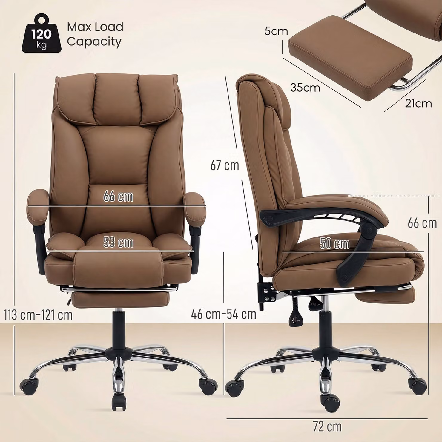 HOMCOM Brown Faux Leather Reclining Executive Swivel Office Chair with Armrests and Headrest – 3