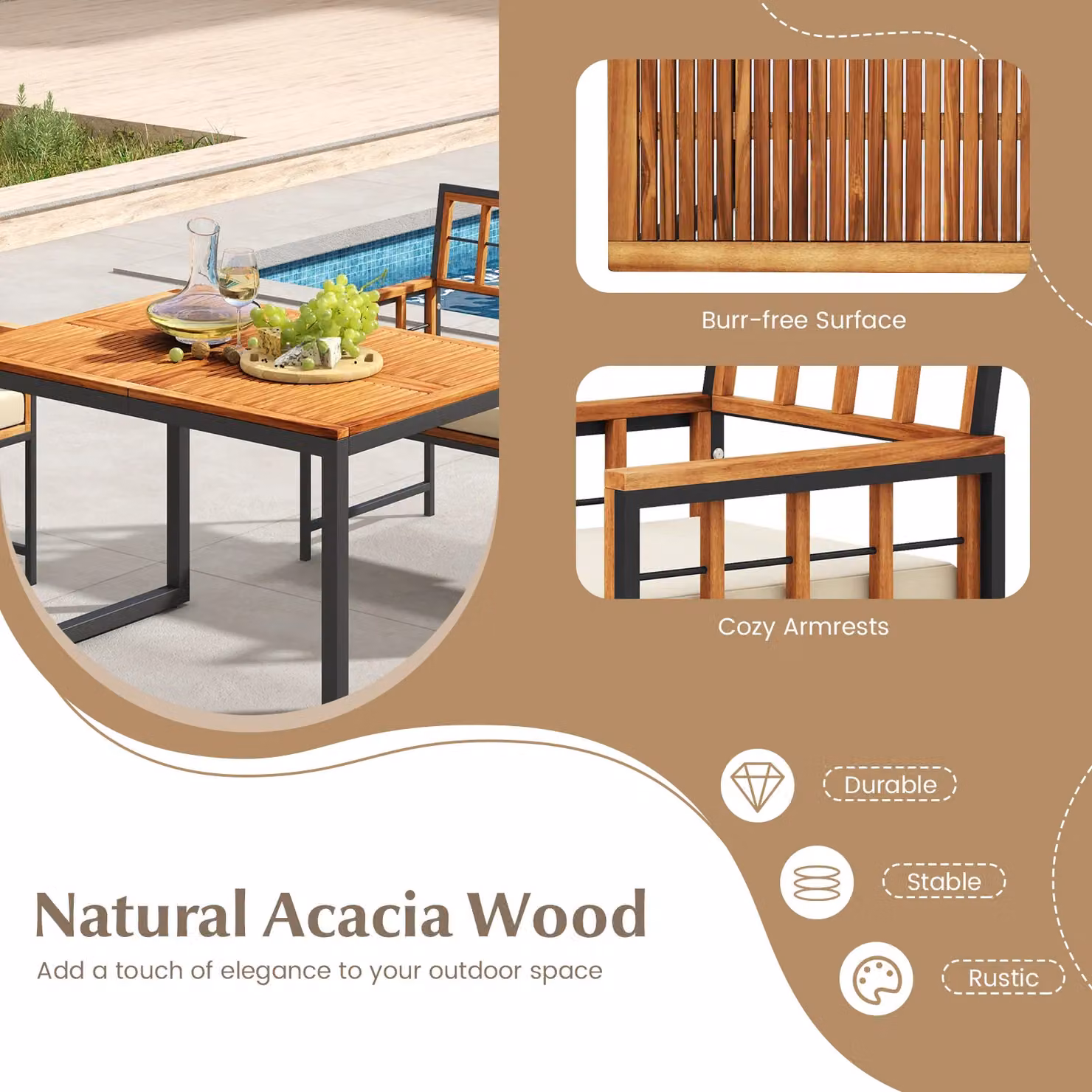 Gymax 4-Piece Acacia Wood Outdoor Patio Dining Set with Rectangular Table and Chairs in Brown – 2