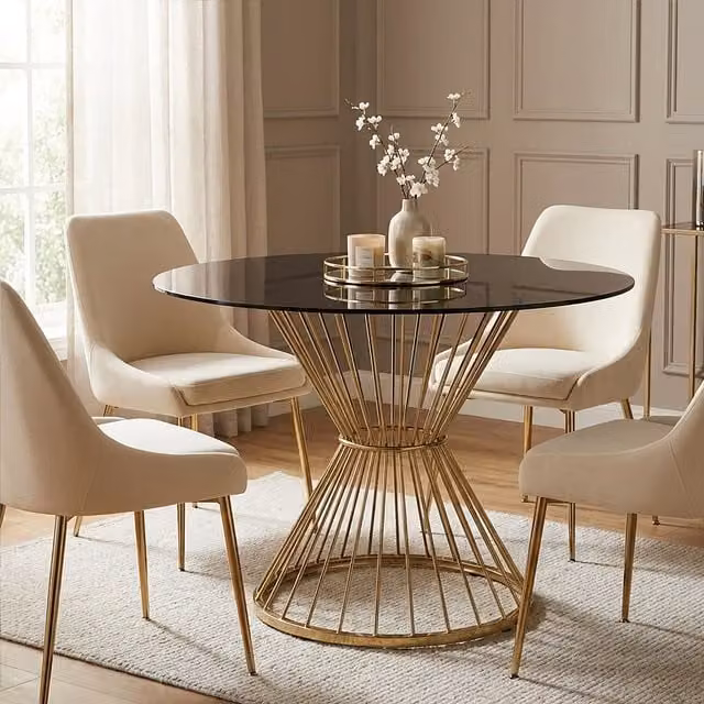 Orsina Anzio Round Black Glass Top and Gold Hourglass Base Dining Table – 1