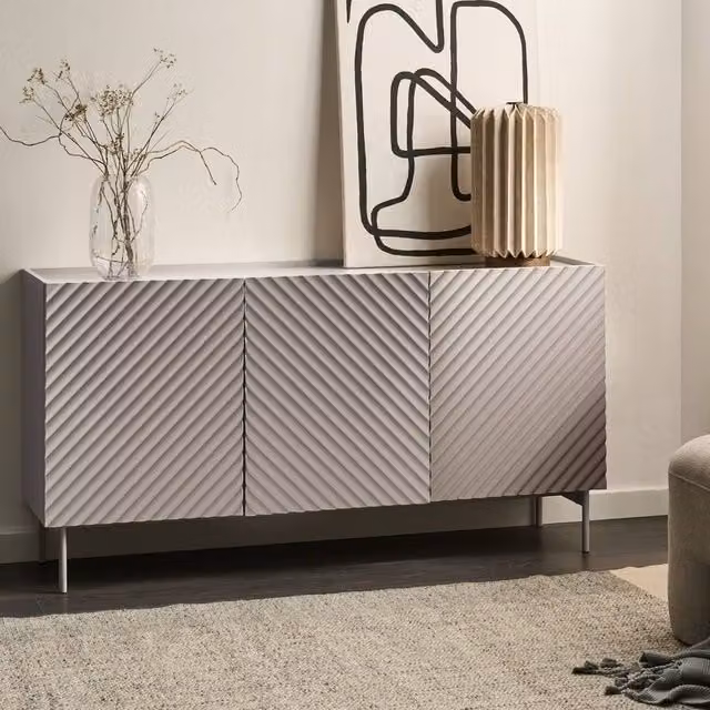 Wyld and Coco Three-Door Modern Sideboard in Matt Light Beige MDF with Metal Legs – 1