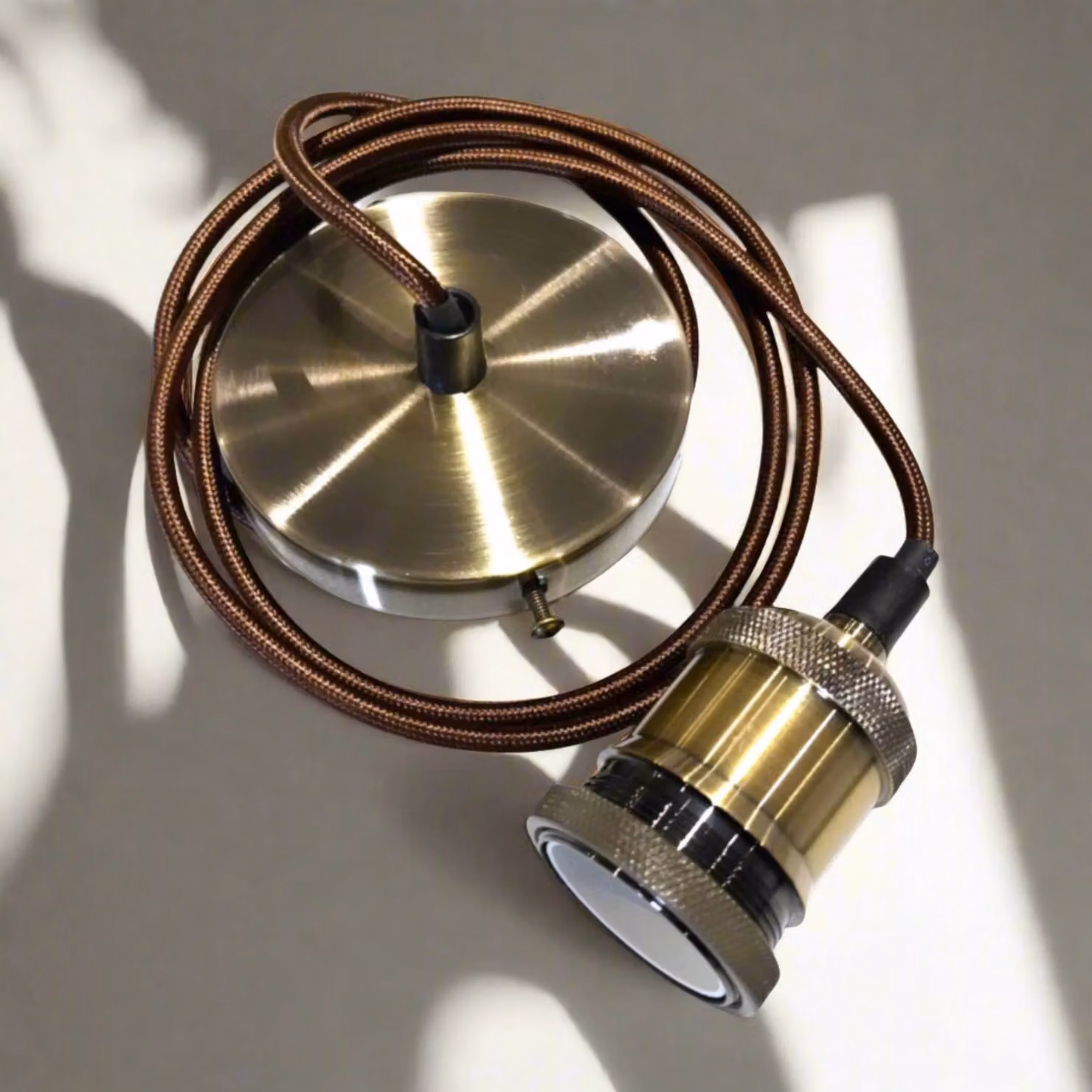 CGC Lighting Cassie Adjustable Suspended Pendant Light with Matching Ceiling Rose, Antique Brass and Bronze with Brown Fabric Cord, E27 Holder – 6