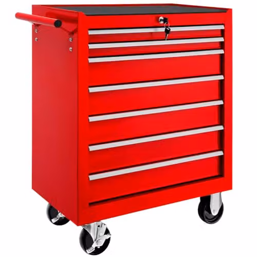 tectake Lockable and Rollable Steel Tool Chest with 7 Drawers, Red