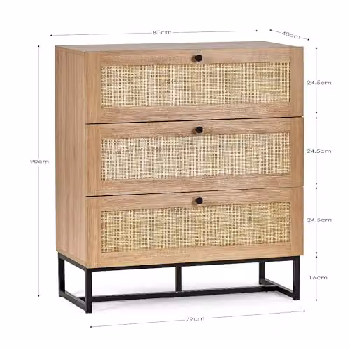 Julian Bowen Padstow 3 Drawer Chest in Oak and Rattan, Brown, W/D/H: 80 x 40 x 90 cm – 2