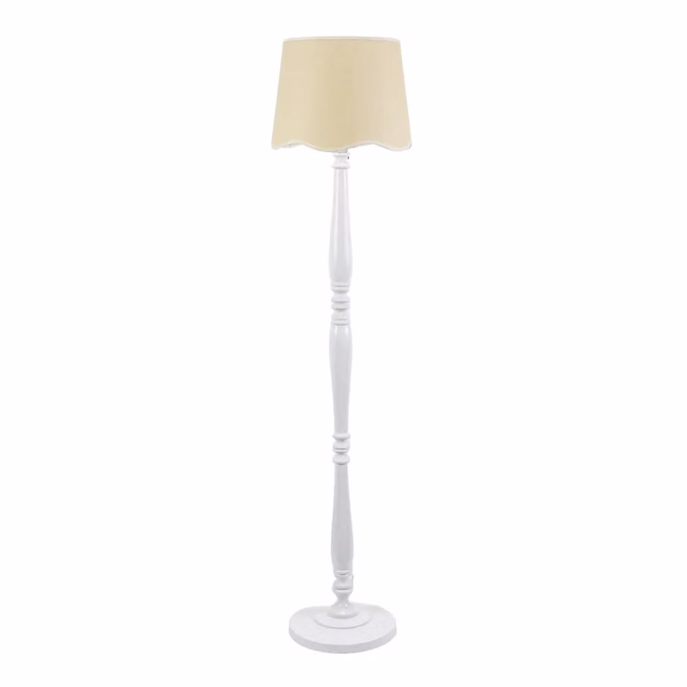 ValueLights Victoria White Wood Floor Lamp with Beige Fabric Scallop Trim Tapered Shade and LED Bulb – 2