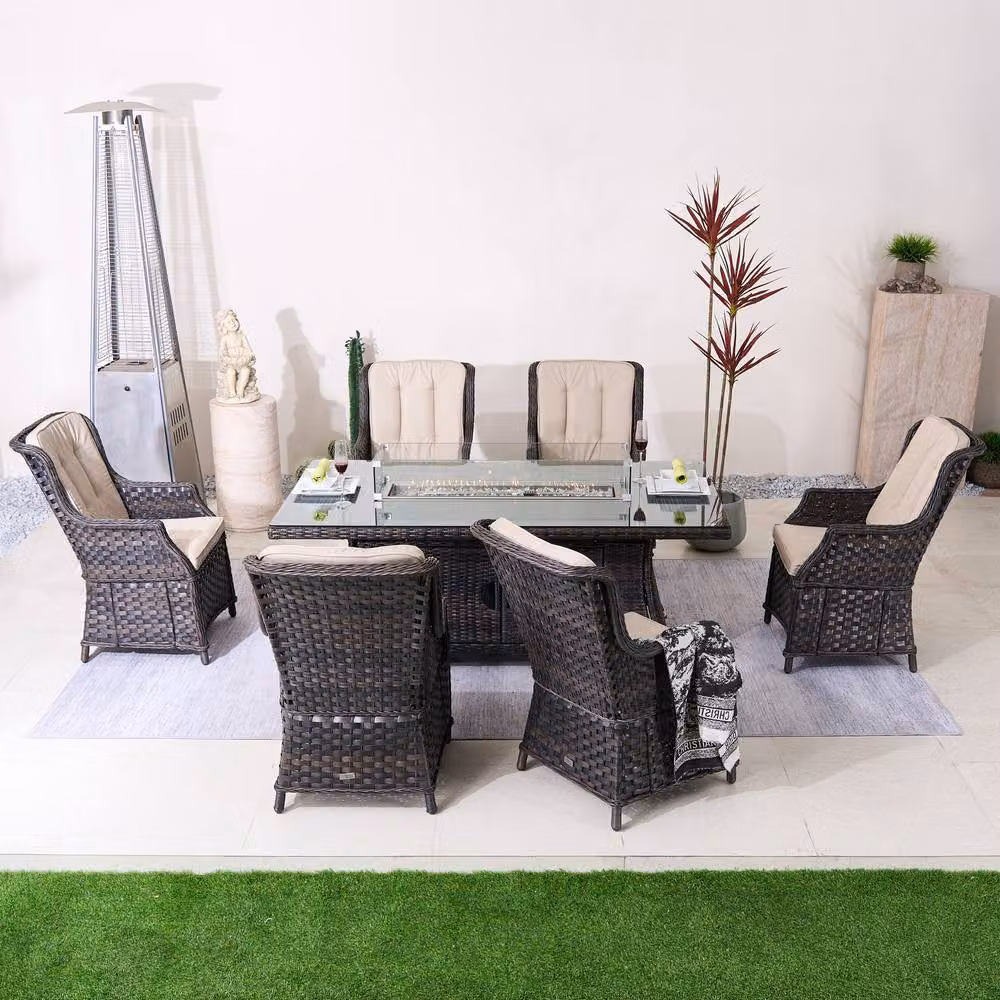 Direct Wicker Premium Brown Rattan Outdoor Fire Pit Dining Set for 6 People – 4