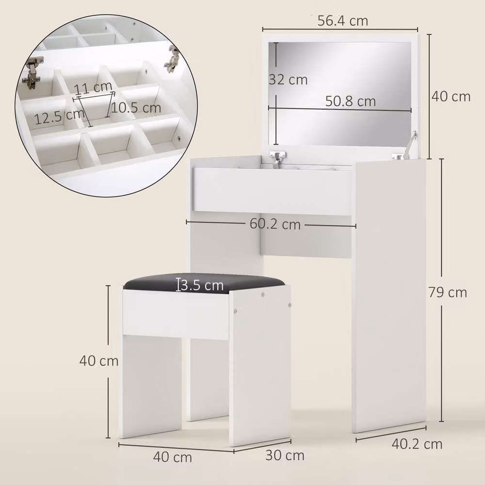 HOMCOM Dressing Table Set with Padded Stool and Flip-up Mirror in White – 2