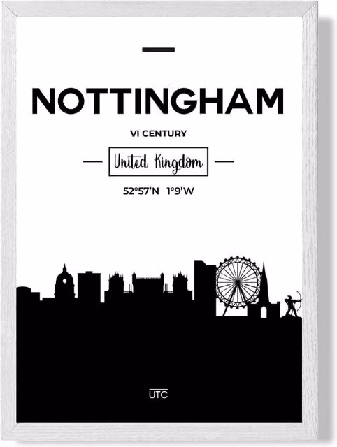 ARTZE Nottingham Black and White City Skyline Framed Print in White Frame, A2 – 1