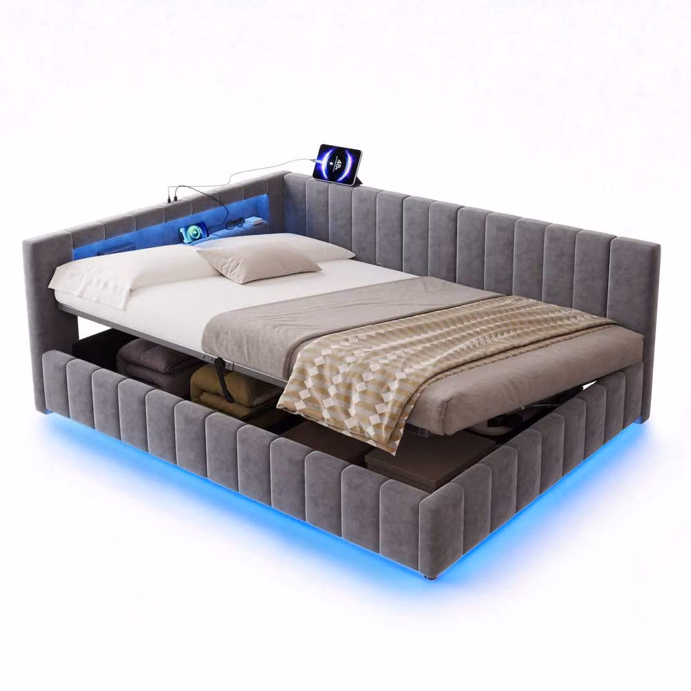 Merax Grey Velvet Double Hydraulic Storage Bed with LED Lighting and USB Charging Station, W/D/H: 140 x 200 x 45 cm – 7