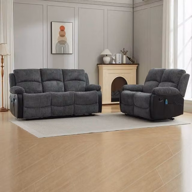 FURNITURE ONE Grey Corduroy Fabric Electric Massage Sofa Set, 3+2 Seater