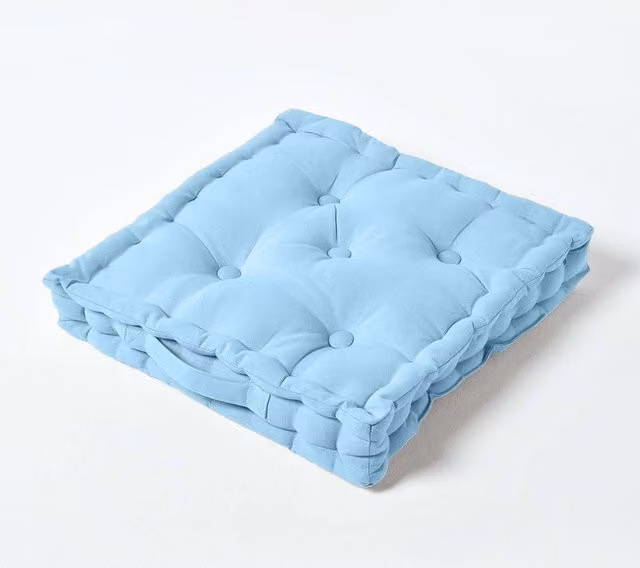 Homescapes Luxury Plain Cotton Floor Cushion in Blue, W/D/H: 50 x 50 x 10 cm