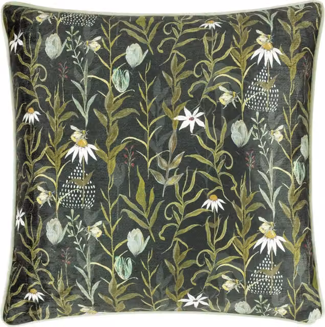Wylder Nature Meadow Bloom Floral Printed Chenille Square Cushion in Multicolour and Green
