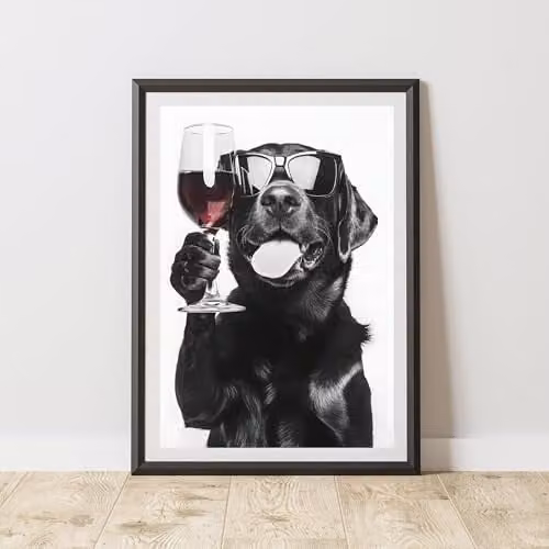 60 Second Makeover Funny Labrador Drinking Wine Black and White Paper Poster, A4