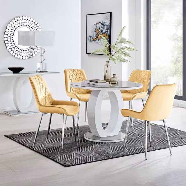 FurnitureboxUK Giovani Round Grey Glass Dining Table 120cm with 4 Pesaro Mustard Chairs and Silver Legs