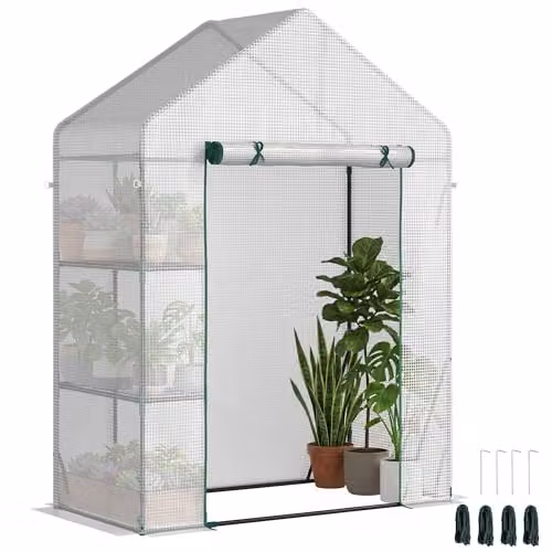Outsunny Portable Walk In Greenhouse with 2 Tier Shelving, Green and White, W/D/H: 143 x 73 x 195 cm