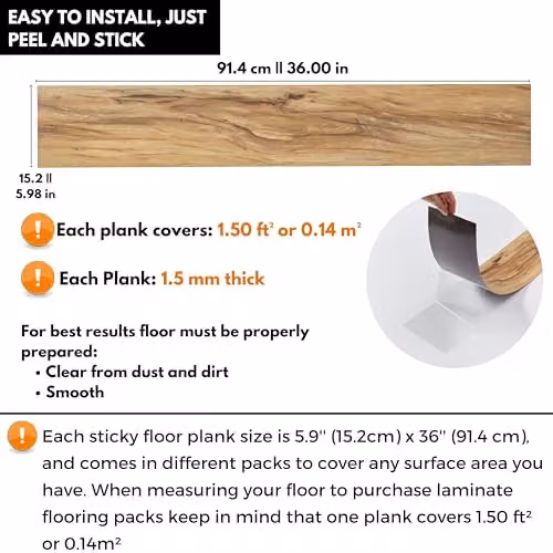 Novecrafto Self Adhesive Wood Look Vinyl Floor Planks, 36 Pack, Beige Brown Gold Rustic Design, W: 91.4 cm x D: 15.2 cm – 2