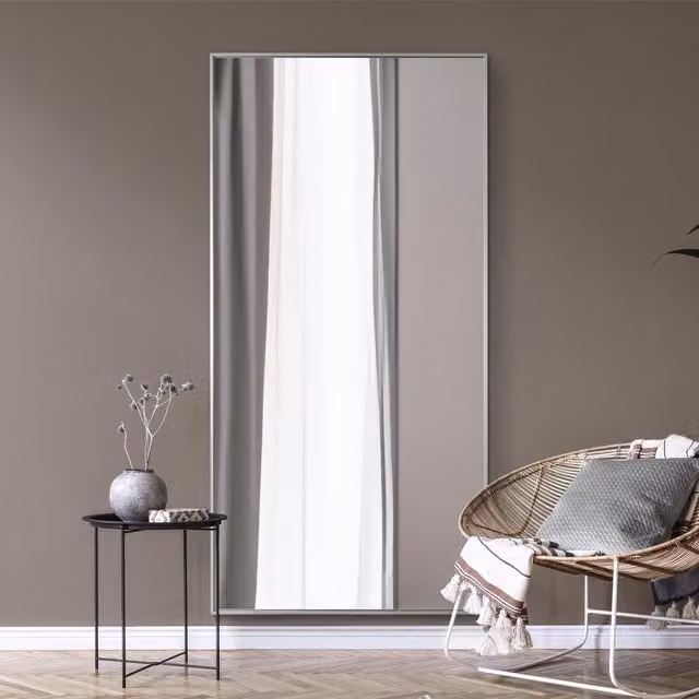 MirrorOutlet Artus Minimalist Rectangular Wall Leaner Mirror with Aluminium Edging in Silver, Height: 200 cm