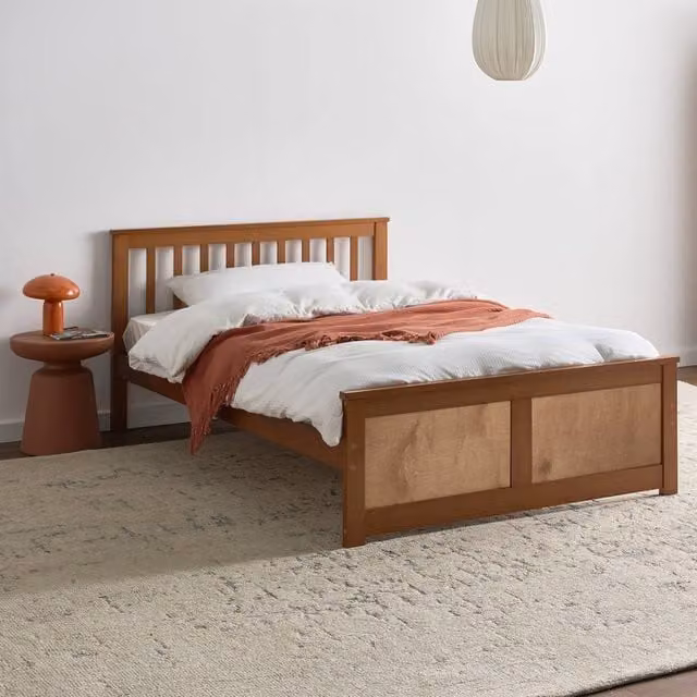 Wyld and Coco Minimalist Lacquered Pine Bed Frame, Brown, W/D/H: 120 x 200 cm – 1