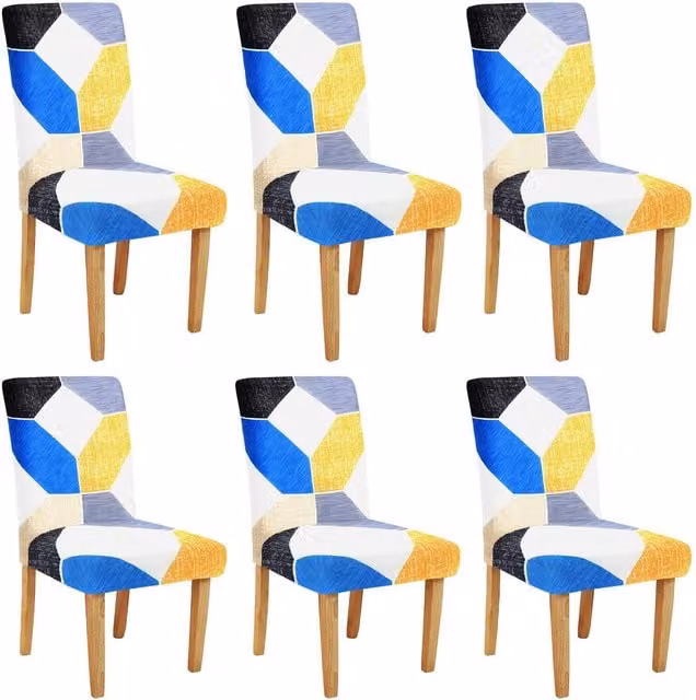 Roseley Pack of 6 Multicolour Graphic Dining Chair Covers with Stretch Elastic and Blue Accents