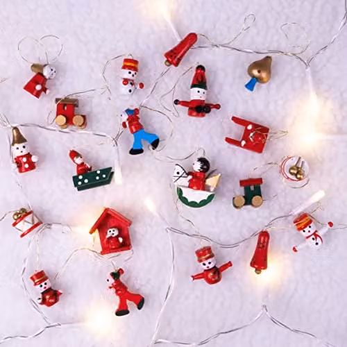 St Helens Home & Garden 20 Piece Vintage Wooden Christmas Hanging Decorations in Red and Multicolour featuring Santa, Snowmen and Angels