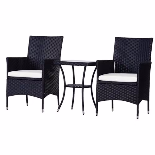 Outsunny 3 Piece Rattan Bistro Set with Glass Top Table and Chairs in Black