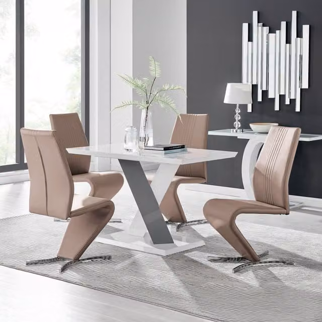Furniturebox Monza White High Gloss Rectangular Dining Table and 4 Willow Chairs in Cappuccino