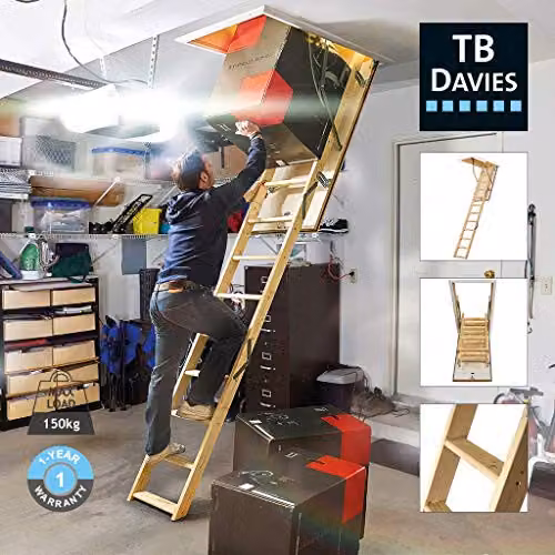 TB Davies EuroFold 3-section Wooden Loft Ladder with Hatch, Pine, Max. Floor-to-Ceiling Height: 2.8 m – 2