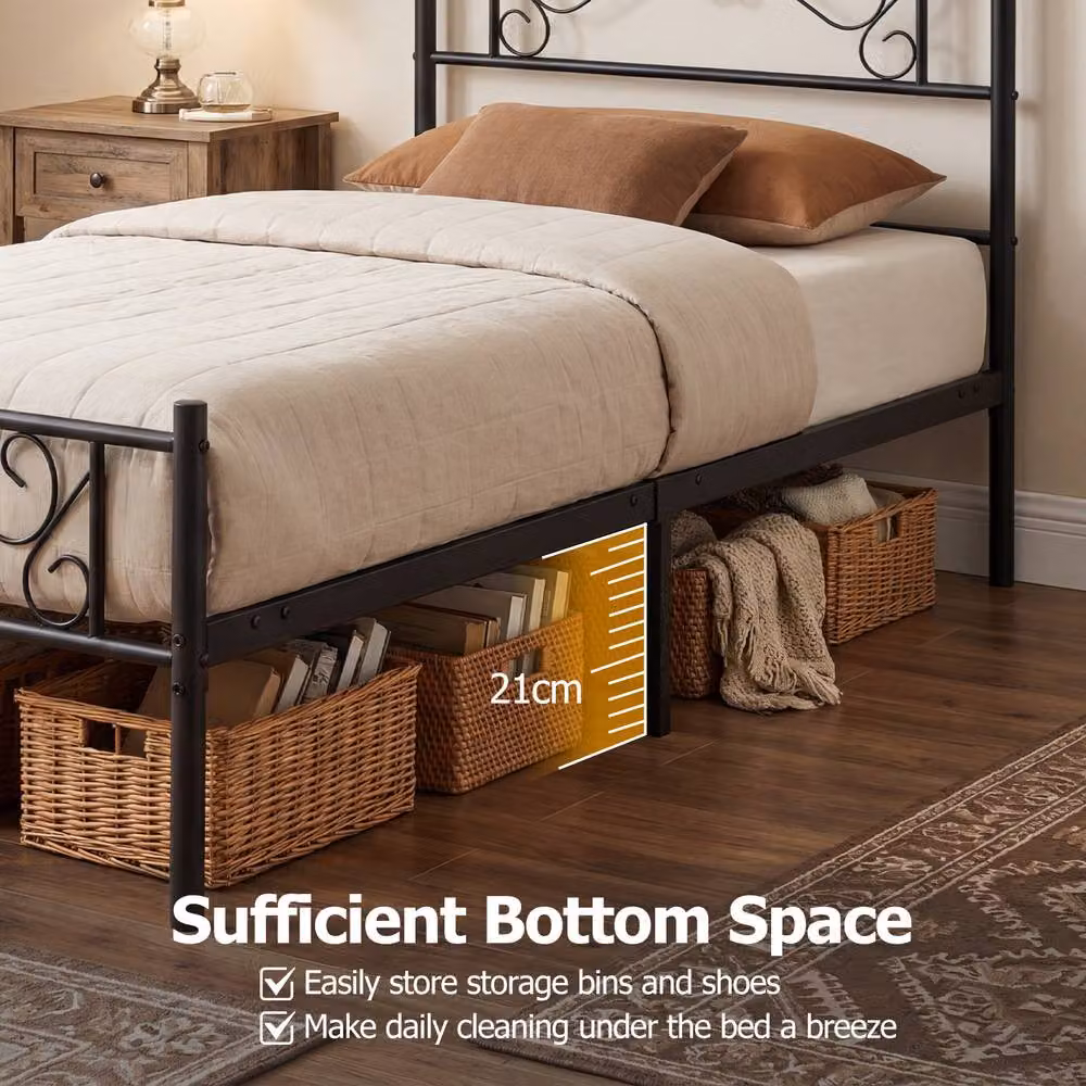 Gymax Single Size Floral Metal Platform Bed Frame with Slats, Black, W/D/H: 90 x 190 x 220 cm – 5