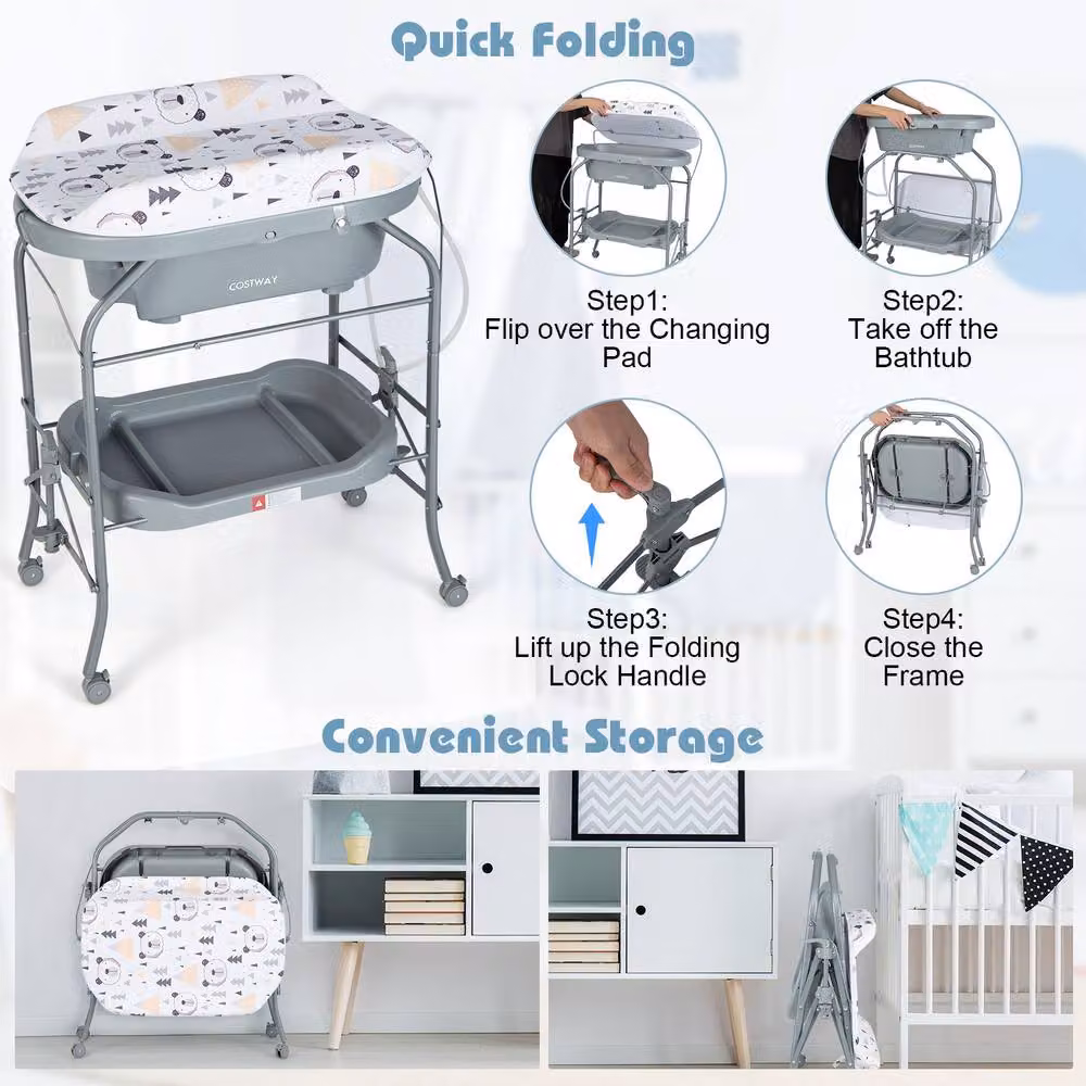 Costway Folding Baby Changing Table with Bathtub and Castors, Grey and Multicolour – 2